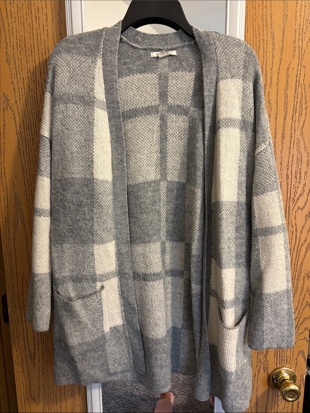 American Eagle Outfitters Gray and Cream Plaid Open Cardigan